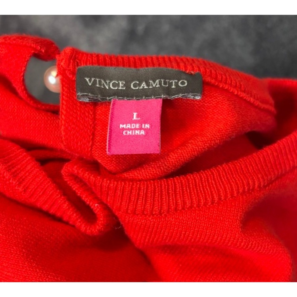 Vince Camuto Red‎ Puff Sleeve Sweater Faux Pearl Keyhole Back Knit Top Large - Picture 2 of 5